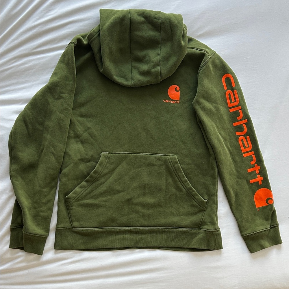 Carhartt Olive Green Hoodie with Bright Orange Accents